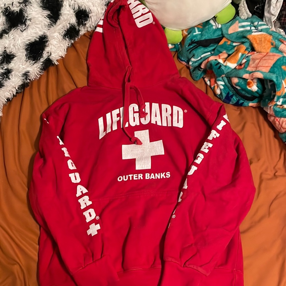 outer banks lifeguard sweatshirt, red and white